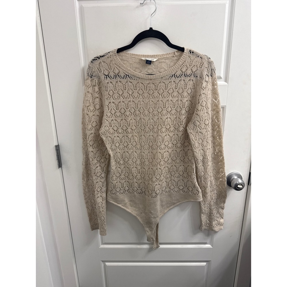 3/$30 American Eagle Beige Pointelle Knit Long Sleeve Bodysuit Large Crochet